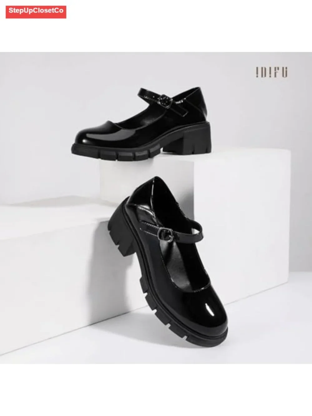 IDIFU Mary Jane Platform Pumps Low Block Heel Dress Shoes Women Comfortable
